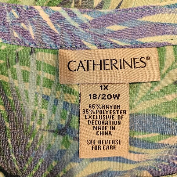 Catherines Blouse 1X Womens Bell Sleeve Top Blue Green Leaf Print Gauzy Peasant - Picture 12 of 14